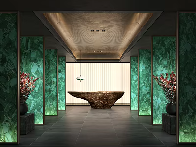 Luxurious Hotel Corridor Featuring Green Columns Central Decorative Table Vases Flowers And Ceiling Lighting 3d model