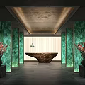 Luxurious Hotel Corridor Featuring Green Columns Central Decorative Table Vases Flowers And Ceiling Lighting 3d model