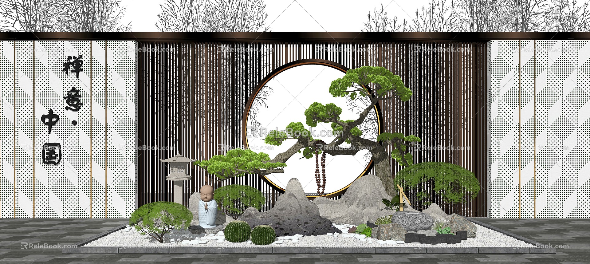 New Chinese style landscape sketch courtyard landscape dry landscape 3d model