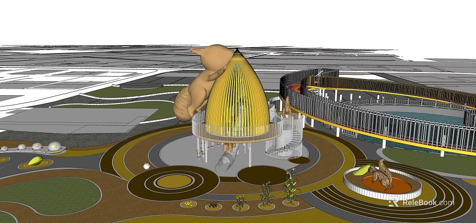 Kids Play Area With Yellow Cone Shaped Structure Slide Circular Ground And Plants 3d model 