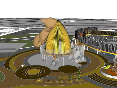 Kids Play Area With Yellow Cone Shaped Structure Slide Circular Ground And Plants 3d model