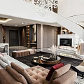 Modern Duplex Living Room Interior With Double Height Space Chandelier Sofa Armchairs And Wooden Staircase