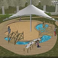 Kindergarten Outdoor Play Area With White Canopy Wooden Bridge Water Pool And Children Playing Safely