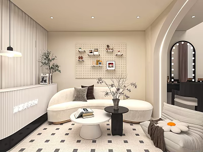 Modern Elegant Lounge Interior With Curved Sofa Coffee Tables And Reception Desk 3d model