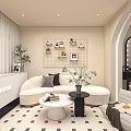 Modern Elegant Lounge Interior With Curved Sofa Coffee Tables And Reception Desk