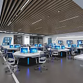 Modern Monitoring Room Interior With Multiple Computer Monitors Workstations And Blue Lighting