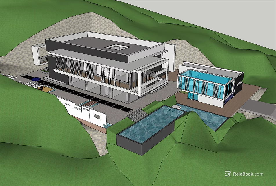 Modern Detached Villa In Hillside Setting With Swimming Pool And Large Windows 3d model 