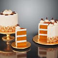 Delicious Layered Cake With Cream Toppings And Decorative Elements On Golden Platters