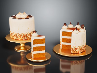 Delicious Layered Cake With Cream Toppings And Decorative Elements On Golden Platters 3d model