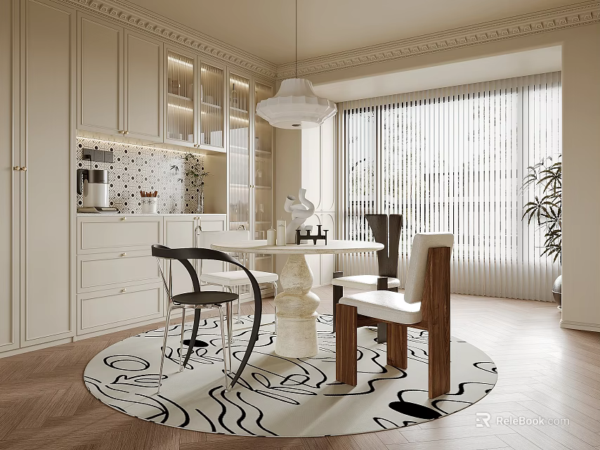 Modern Restaurant Interior With Light Colored Cabinets Round Dining Table And Black White Patterned Rug 3d model