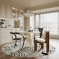 Modern Restaurant Interior With Light Colored Cabinets Round Dining Table And Black White Patterned Rug 3d model