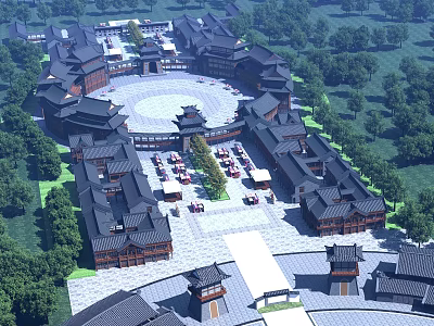 Ancient Chinese Architecture Complex With Circular Plaza Traditional Curved Roofs And Trees 3d model