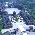 Ancient Chinese Architecture Complex With Circular Plaza Traditional Curved Roofs And Trees