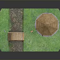 Wooden Octagonal Gazebo And Garden Bridge In Green Grass With Stone Path