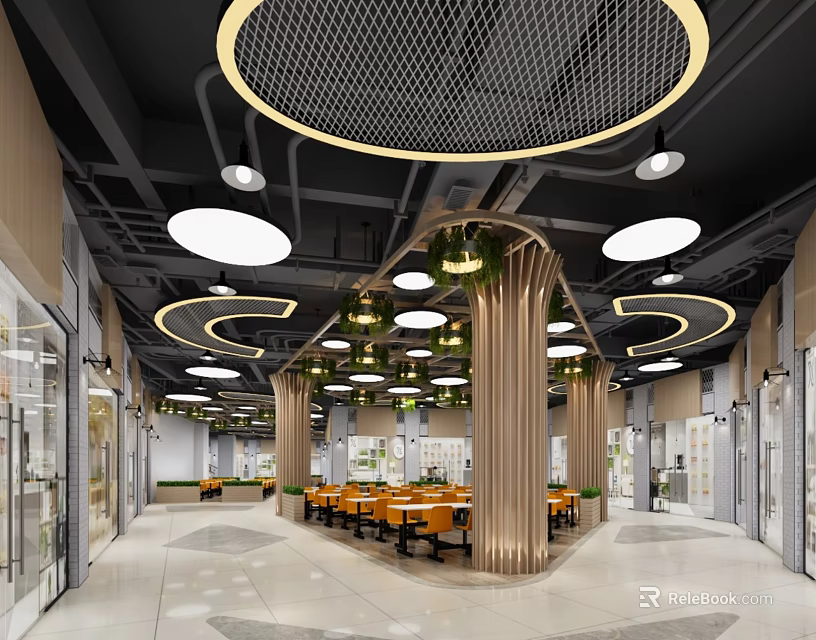 Modern Restaurant Interior Design With Circular Ceiling Lights And Wooden Columns 3d model