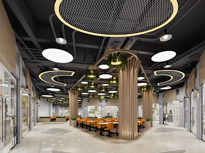 Modern Restaurant Interior Design With Circular Ceiling Lights And Wooden Columns 3d model