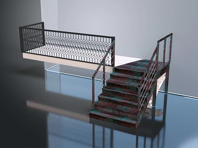 Modern Interior Staircase With Metal Railing Patterned Steps Landing And Shiny Floor 3d model