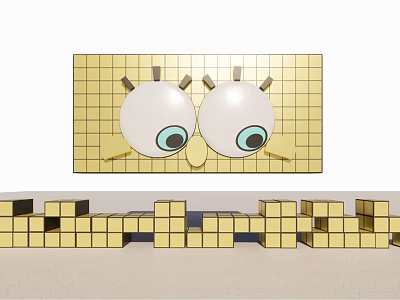 Big White Eyes Photo Spot With Yellow Grid Background And Golden Blocks 3d model