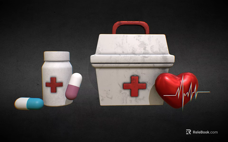 Medical Equipment Including First Aid Kit Medicine Bottle Capsules And Heart Model With ECG Line 3d model 