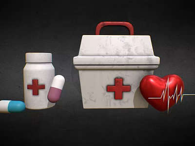 Medical Equipment Including First Aid Kit Medicine Bottle Capsules And Heart Model With ECG Line 3d model