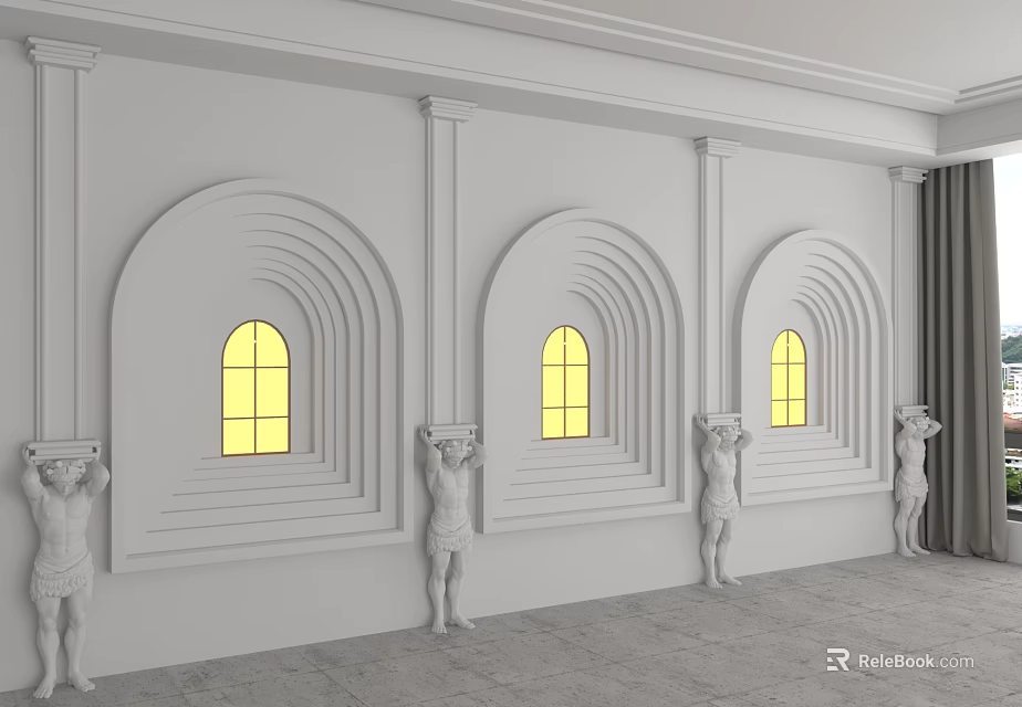 White Classic Background Wall With Arched Windows Yellow Lights Statues And Gray Curtains 3d model