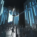 Futuristic Indoor Space With Concrete Walls Blue Light Strips And Chandelier