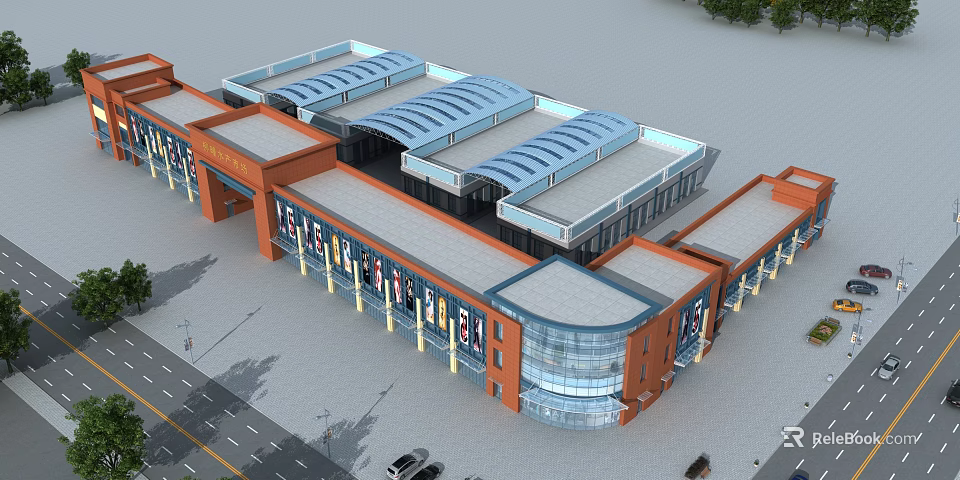 Modern Commercial Street With Glass Facades Roof Design And Shop Fronts 3d model 