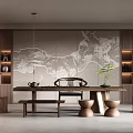Traditional Chinese Tea Room Interior With Landscape Painting Backdrop Wooden Shelves And Green Plant