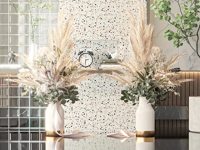 Two White Vases with Dried Pampas Grass Eucalyptus Leaves on Table Spotted Wall Decor 3d model