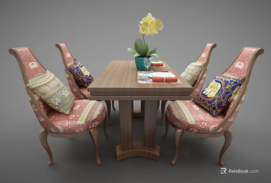 Elegant Wooden Dining Table Set With Four Chairs Patterned Cushions Yellow Orchid And Tableware 3d model