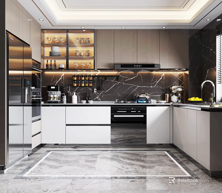 Modern Kitchen Interior Design With Dark And Light Cabinets Marble Countertops And Appliances 3d model 