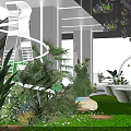 Modern Floral Art Installation With Hanging Plants Round Planters Staircase And Mirrored Floor