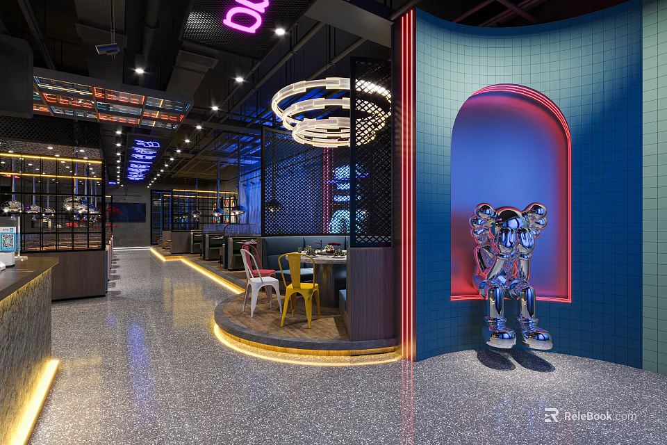 Modern Restaurant Interior With Neon Lights Colorful Seats And Art Sculptures Design 3d model 