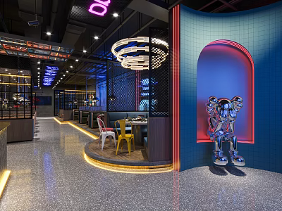Modern Restaurant Interior With Neon Lights Colorful Seats And Art Sculptures Design 3d model