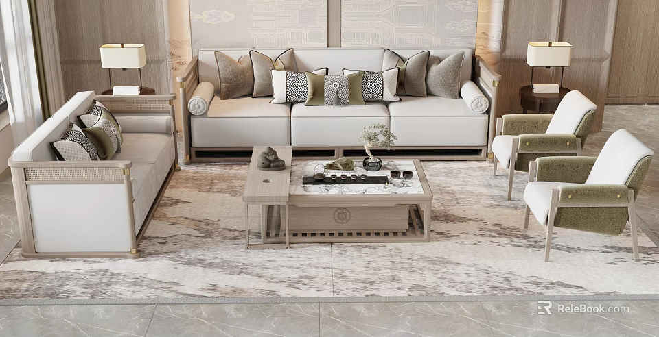 Elegant Modern Sofa And Coffee Table Set With Decorative Pillows And Area Rug 3d model