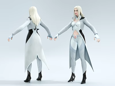 3D Model of White Haired Female Game Character in Stylish Outfit 3d model