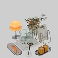 Decorative Ornament Set With Glass Vase Green Plants Metal Stand And Yellow Decor Pieces