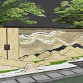 Chinese Style Scenic Wall With Mountain Water Relief And Green Plants In Garden