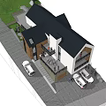 Modern Detached Villa With White And Wooden Exterior Balconies And Parking Cars In Mountain Area