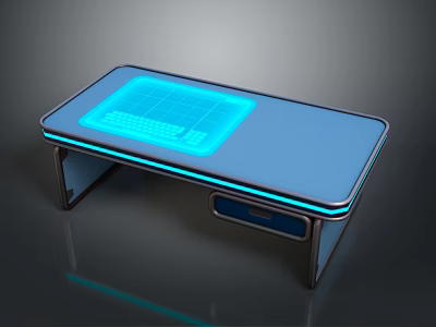 Futuristic Computer Desk With Glowing Blue Keyboard Surface And Edge Lighting Design 3d model