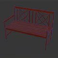 Red Wooden Outdoor Bench With Cross Pattern Backrest And Sturdy Armrests For Garden