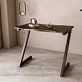 Modern Wooden Desk Design With Hanging Lamp Potted Plant And Curtain