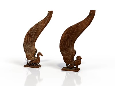 Two Brown Wing Shaped Carved Wooden Decorative Items With Bird Shaped Base 3d model