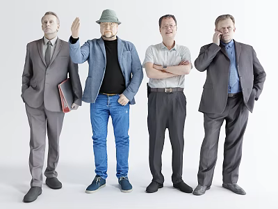 Group of Four Men Standing in Suits and Casual Wear with Varied Poses 3d model