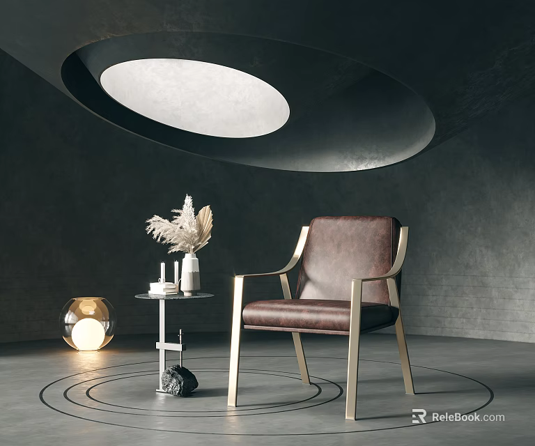 Modern Brown Leather Leisure Chair With Metal Frame And Side Table Decor 3d model