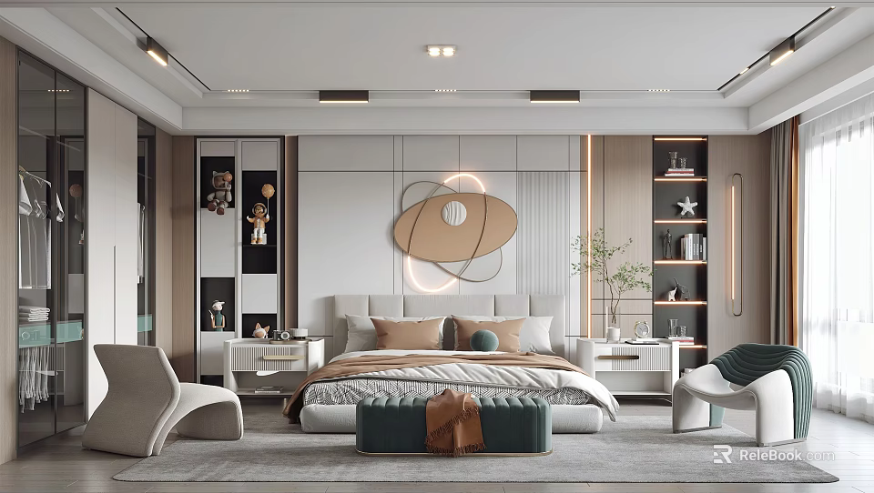 Modern Bedroom Interior Design With Bed Pillows Wall Art Nightstands And Armchair 3d model 