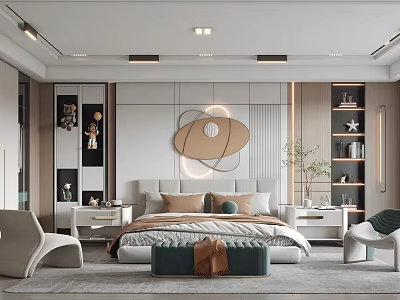 Modern Bedroom Interior Design With Bed Pillows Wall Art Nightstands And Armchair 3d model