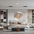 Modern Bedroom Interior Design With Bed Pillows Wall Art Nightstands And Armchair