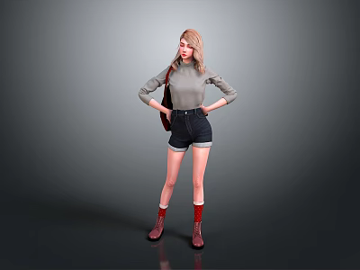 Blonde Woman In Gray Turtleneck Black Shorts Red Socks Brown Boots With Hands On Hips 3d model