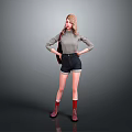 Blonde Woman In Gray Turtleneck Black Shorts Red Socks Brown Boots With Hands On Hips
